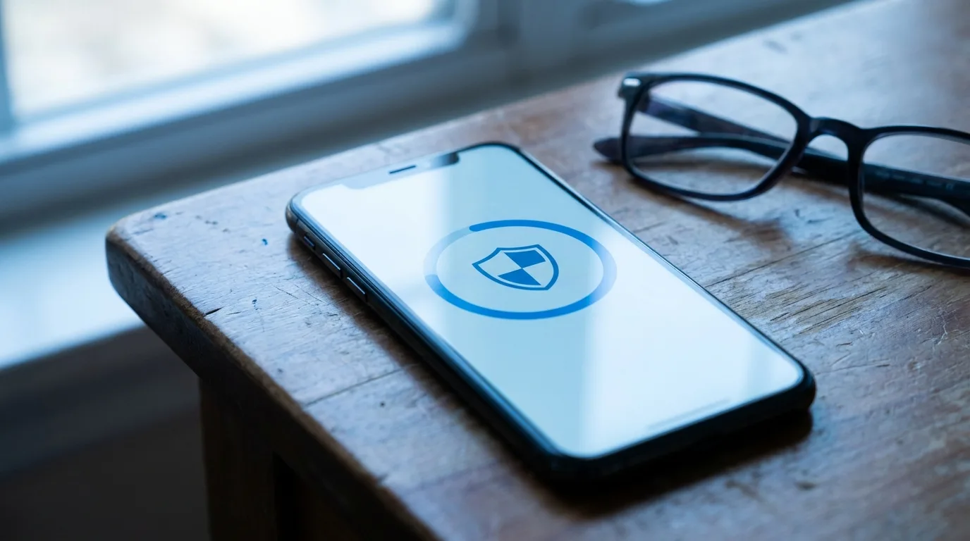 Išmaniojo telefono ekranas su programėlės atnaujinimo ir saugumo skydo simboliu