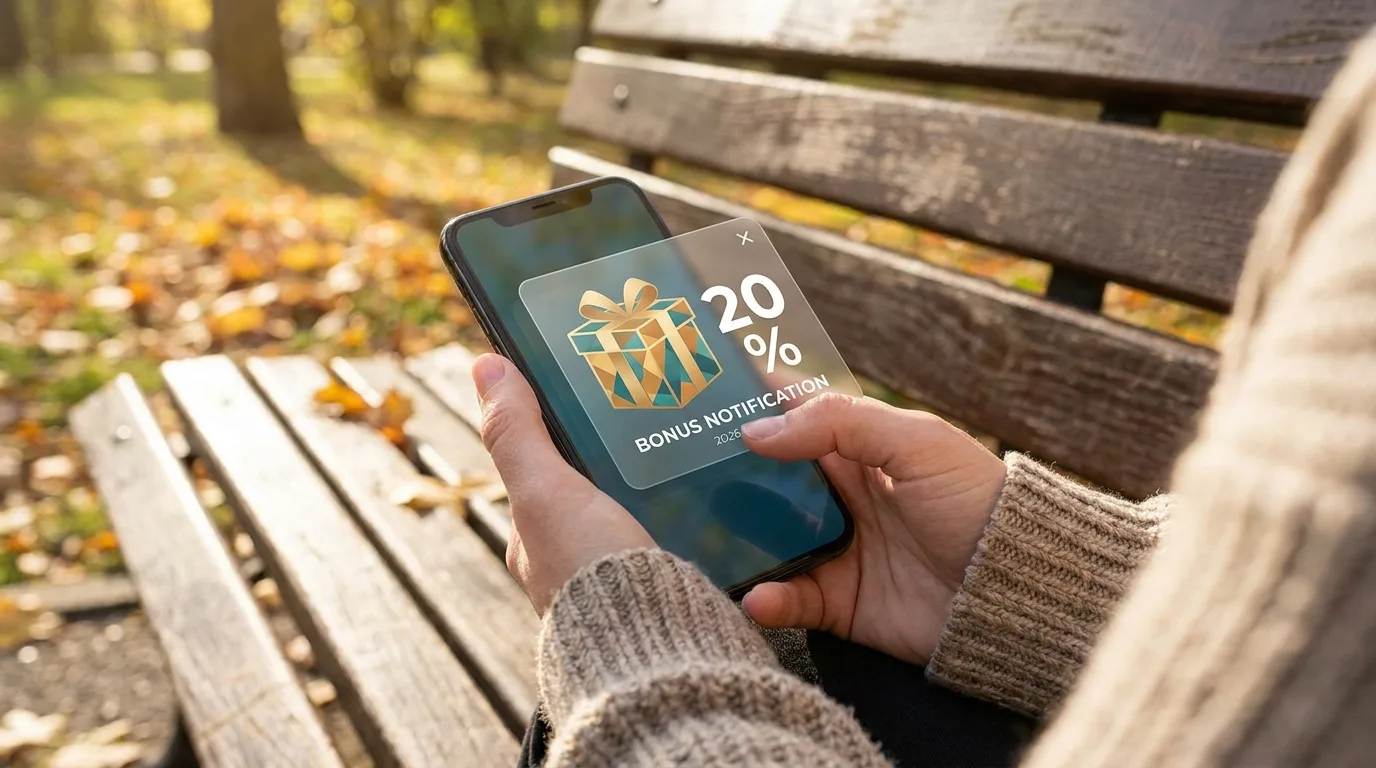 Rankos laiko telefoną su bonuso pranešimo iššokančiu langu lauke