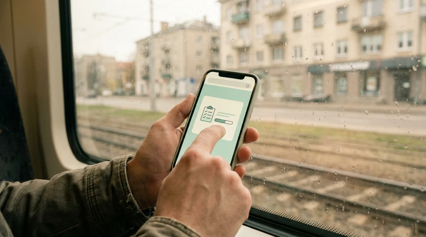 Rankoje laikomas telefonas su dokumentų patikros kontroliniu sąrašu