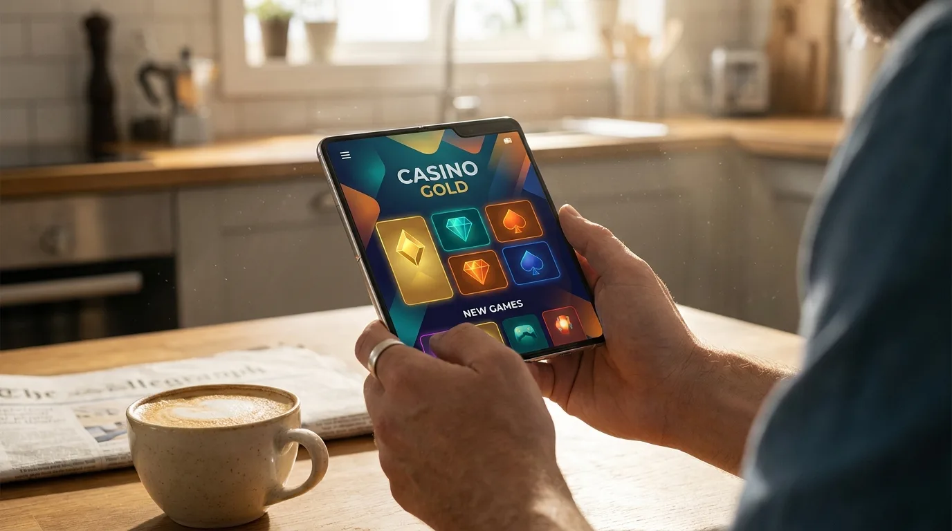 Rankos laiko išmanųjį telefoną su mobiliojo kazino programėlės ekranu prie virtuvės stalo